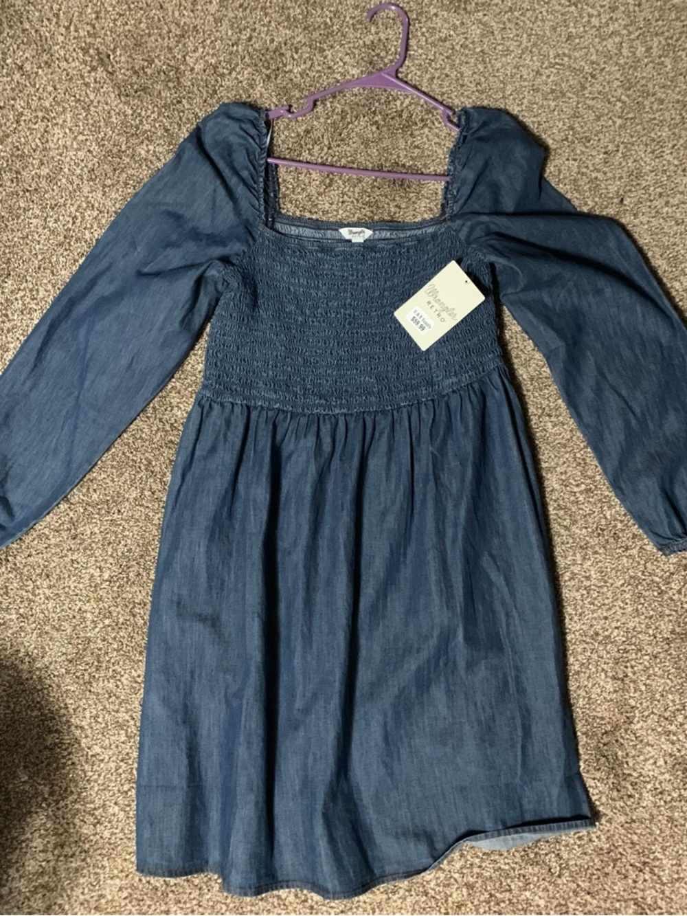 Smocked Denim Long-Sleeve Dress - Blue